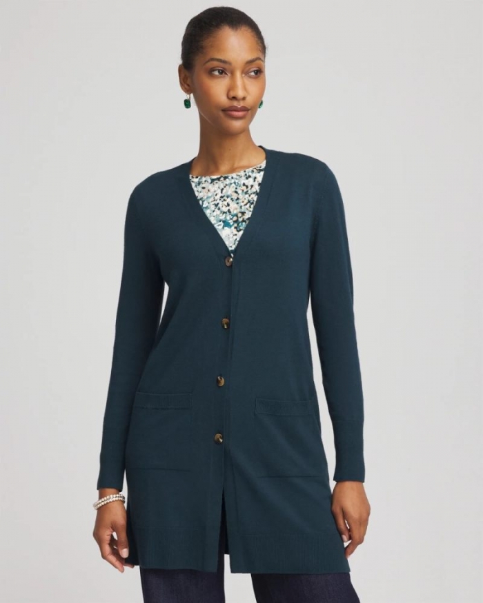 Chicos Ella Pocketed Cardigan Sweater - TEAL SHADOW