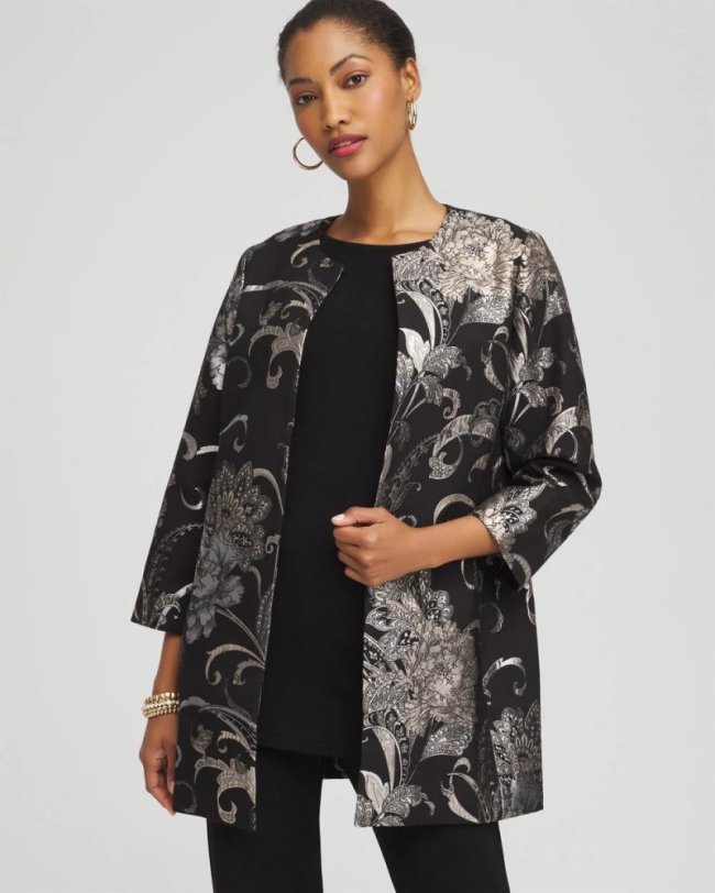 Chicos Travelers™ Collection Jacquard Floral Shine Jacket - TRAVELERS BLACK