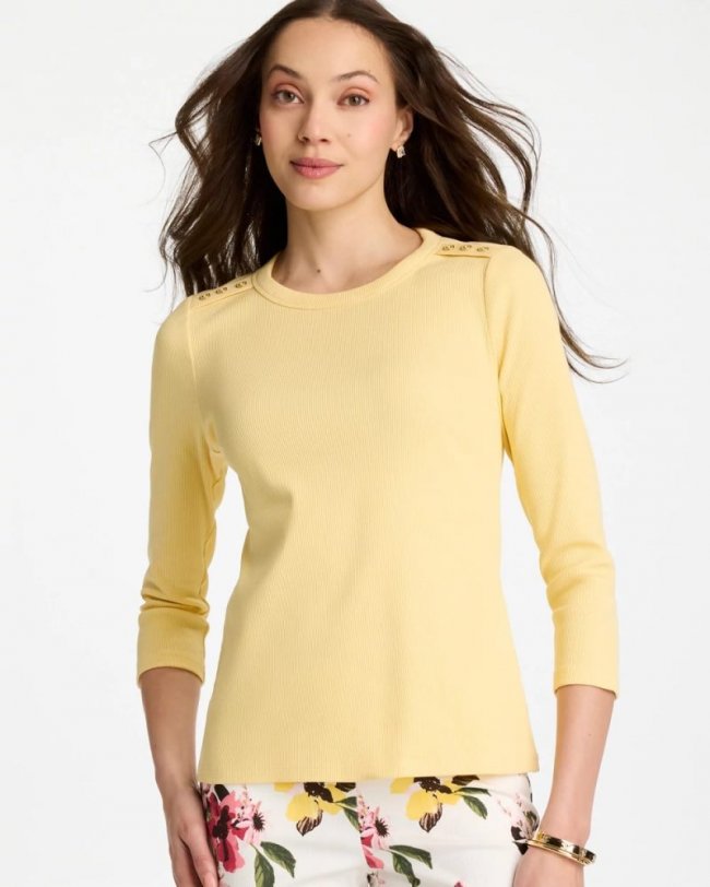 Chicos Ribbed Button Crewneck Tee - GOLDEN HAZE Chicos Ribbed Button Crewneck Tee - GOLDEN HAZE