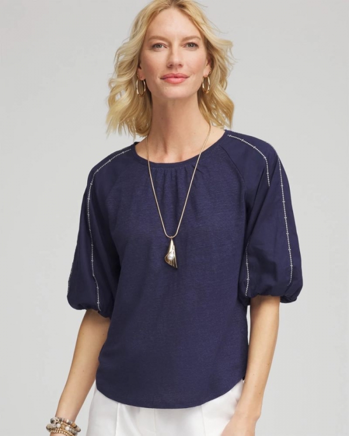 Chicos Linen Balloon-Sleeve Blouse - PASSPORT BLUE