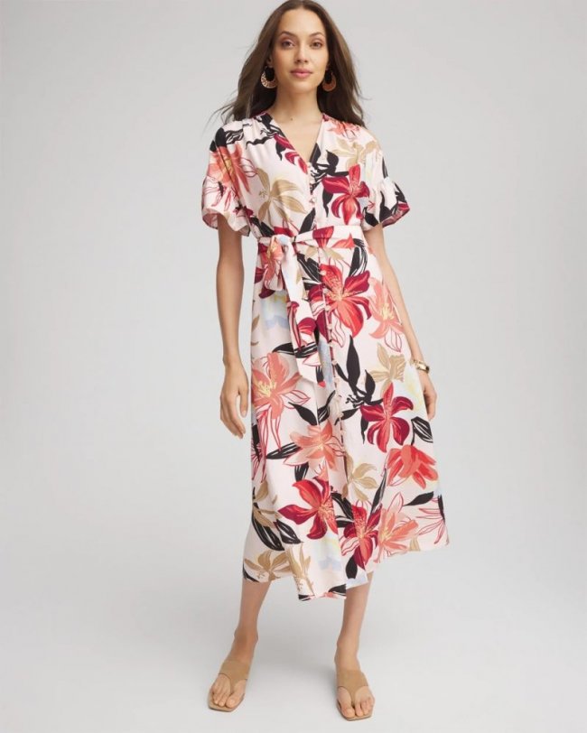Chicos Tonal Floral Ruffle-Sleeved Midi Dress - MULTI