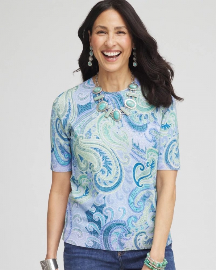 Chicos Paisley Crewneck Pullover Sweater - BLUE PEARL