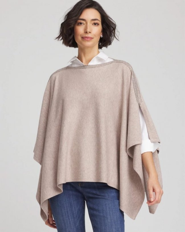 Chicos Rhinestone Embellished Poncho - LIGHT TAUPE HEATHER