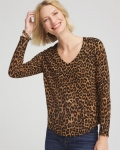 Chicos Ella V-Neck Printed Pullover Sweater - SAND