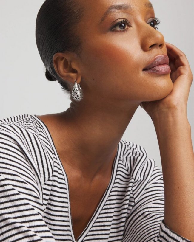 Chicos Silver Lattice Puff Hoop Earrings - SILVER