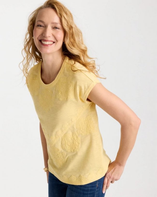 Chicos Monochrome Embroidered Cap-Sleeve Tee - GOLDEN HAZE