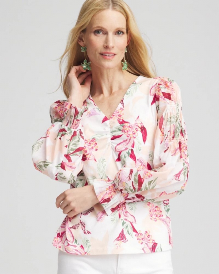 Chicos Pima Floral Smocked Long Sleeve Tee - ECRU
