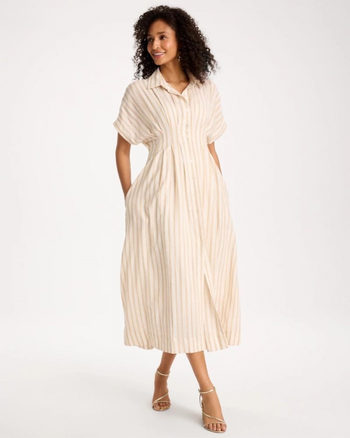 Chicos Linen-Blend Metallic Striped Dress - ALABASTER