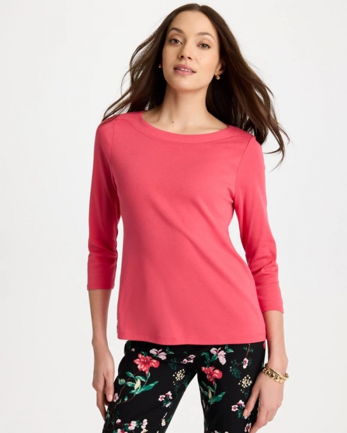 Chicos Pima 3/4 Sleeve Tee - HOT HONEYSUCKLE