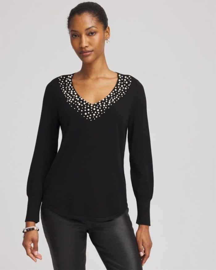 Chicos Ella Embellished V-Neck Sweater - BLACK