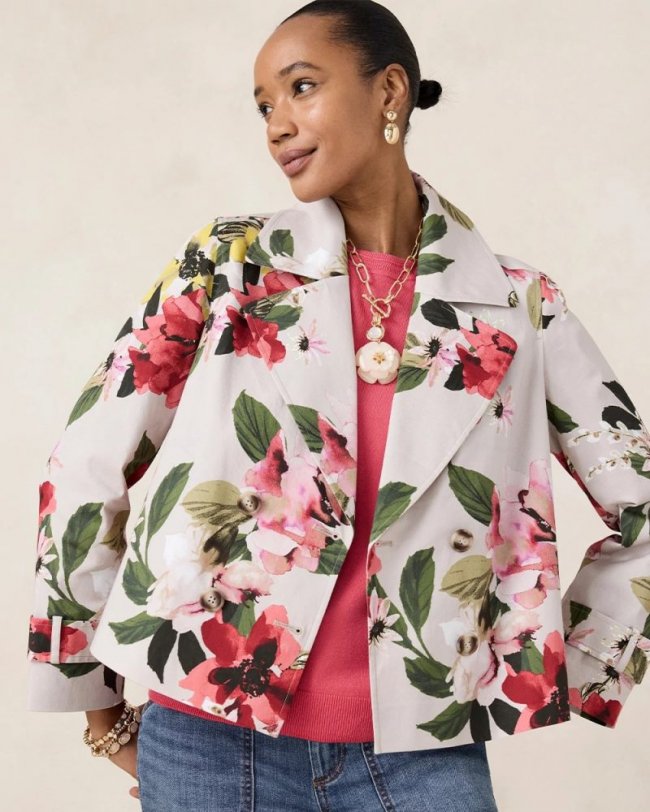 Chicos Cotton-Stretch Floral Trench Coat - SMOKEY TAUPE
