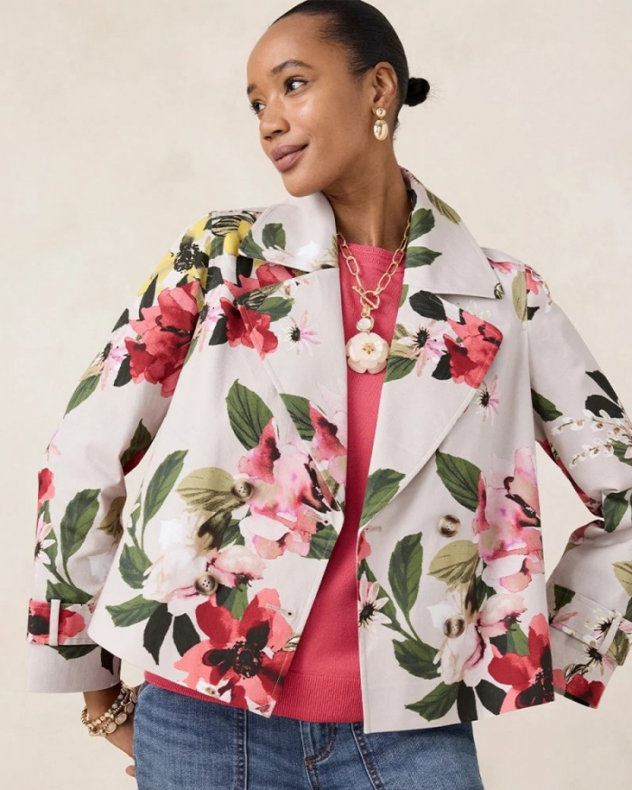 Chicos Cotton-Stretch Floral Trench Coat - SMOKEY TAUPE