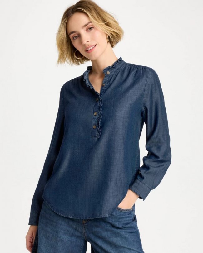 Chicos Tencel Denim Ruffled Popover Shirt - SOLANA INDIGO