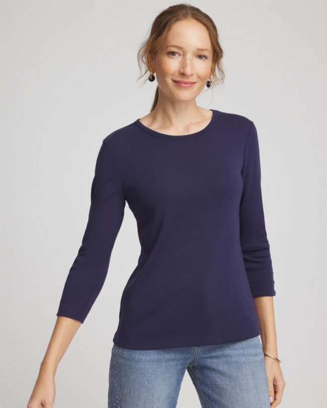 Chicos Pima Cotton Crewneck Button Tee - PASSPORT BLUE