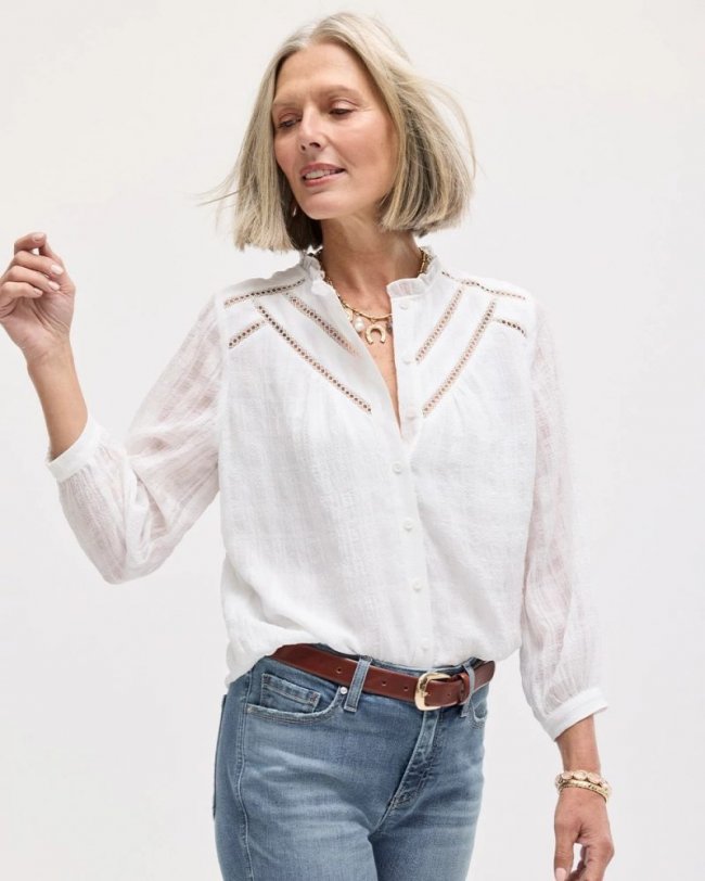 Chicos Cutwork Trim Chiffon Blouse - ALABASTER