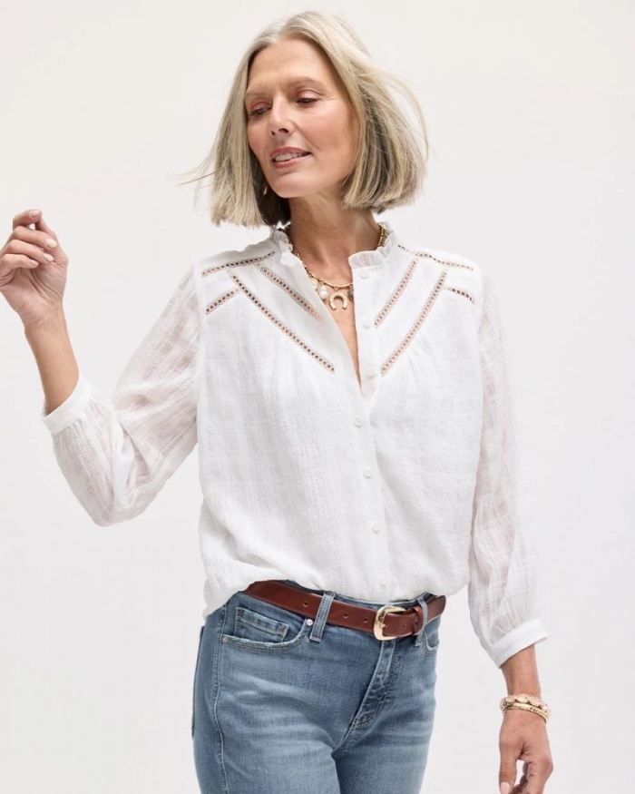 Chicos Cutwork Trim Chiffon Blouse - ALABASTER