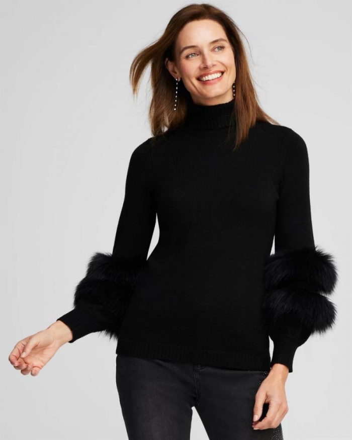 Chicos Faux Fur-Trimmed Turtleneck Sweater - BLACK