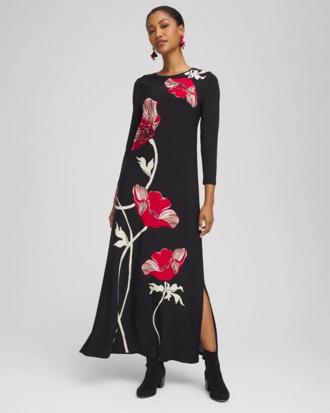 Chicos Embellished Floral Maxi Dress - BLACK