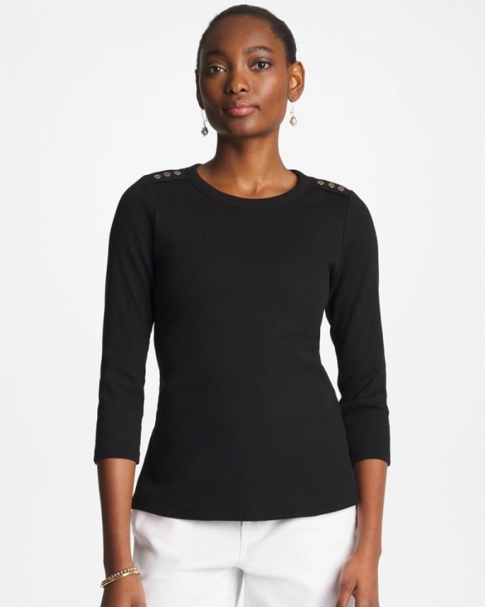 Chicos Ribbed Button Crewneck Tee - BLACK