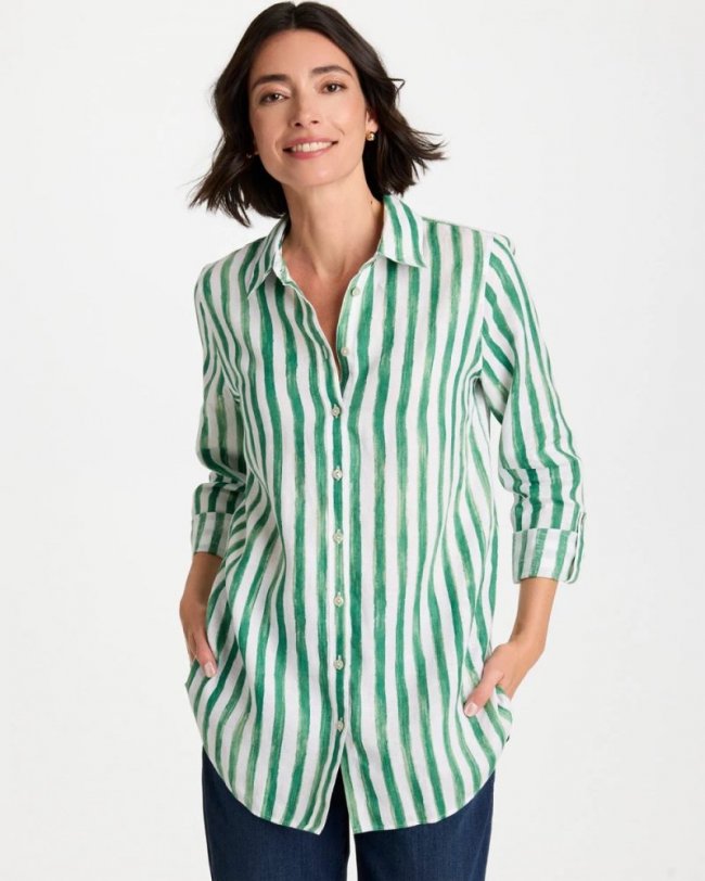 Chicos No Iron Striped Linen Tunic - HUNTER GREEN