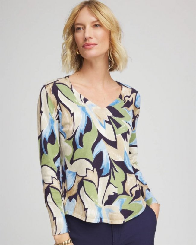 Chicos Ella Bloom V-Neck Pullover Sweater - PASSPORT BLUE