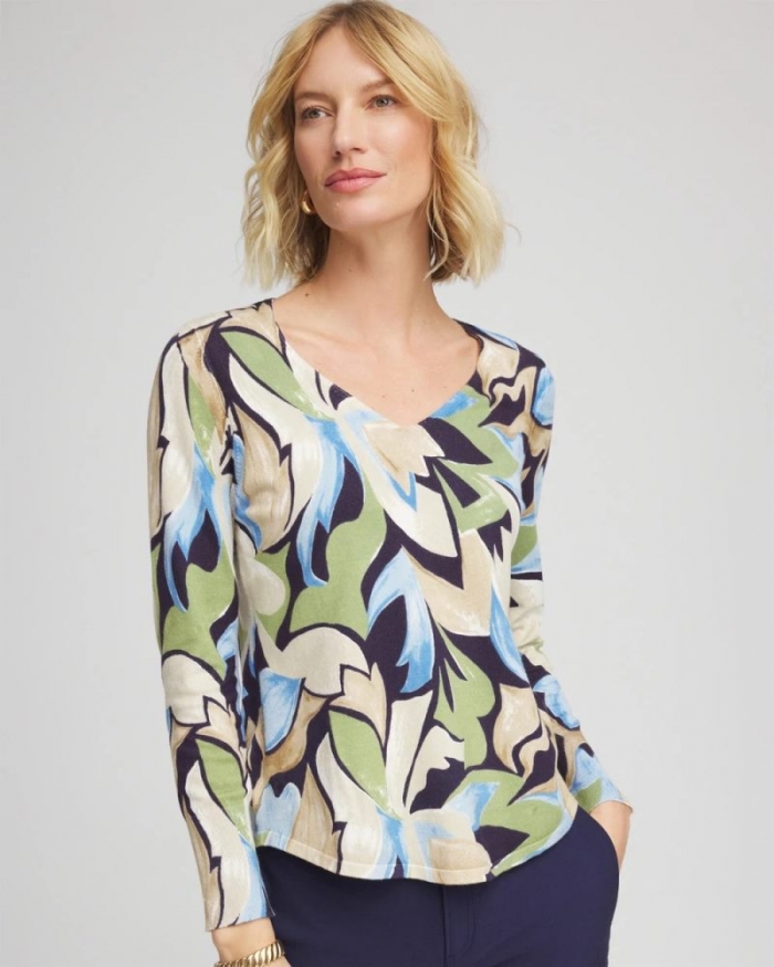 Chicos Ella Bloom V-Neck Pullover Sweater - PASSPORT BLUE
