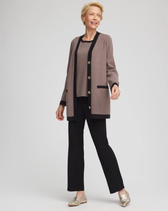 Chicos Travelers™ Tipped Button-Down Cardigan - DEEP TAUPE