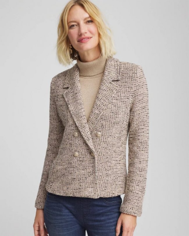 Chicos Double Breasted Tweed Blazer - SMOKEY TAUPE