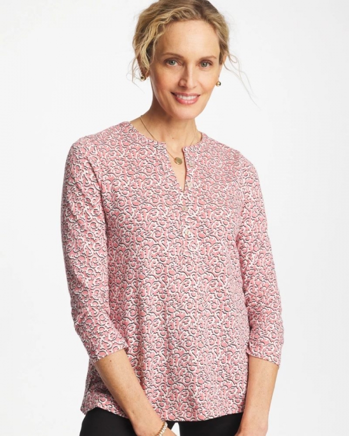 Chicos Cotton-Slub Splitneck Henley Tee - FOLKLORIC RED