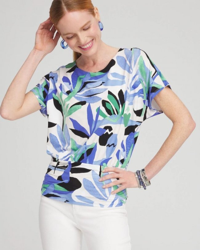 Chicos Touch of Cool™ Tropics Ruched Banded Hem Top - PURPLE NIGHTSHADE