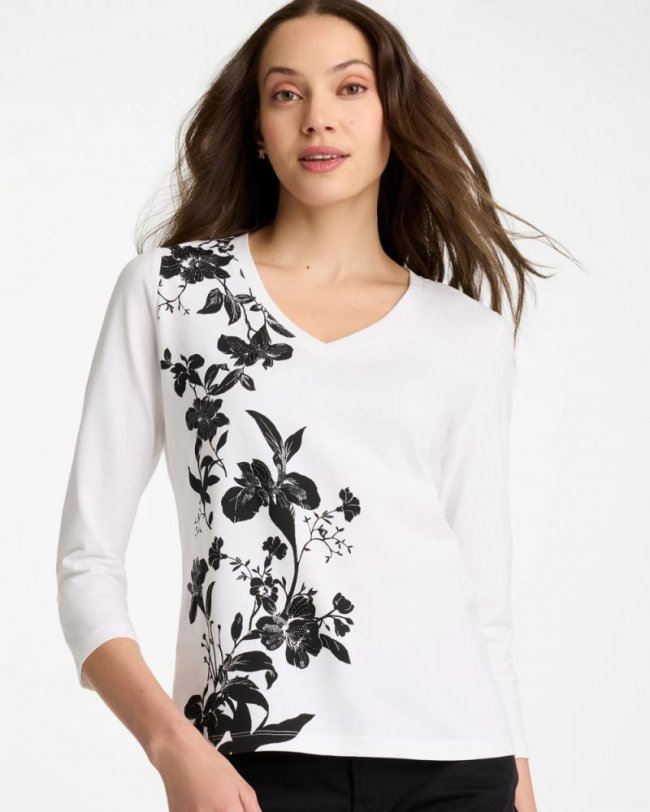 Chicos Printed Cotton Stretch 3/4 Sleeve Tee - BLACK