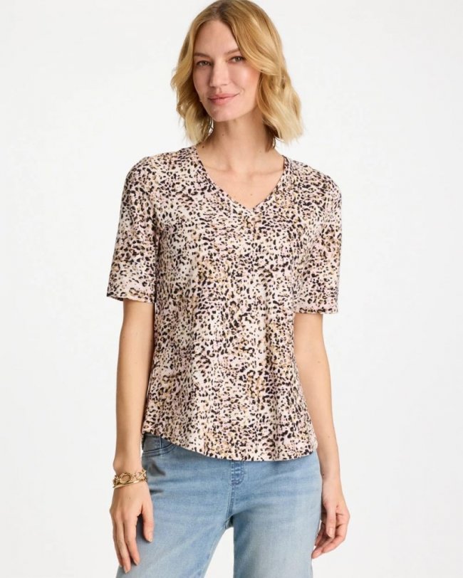 Chicos Printed Cotton Slub V-Neck Tee - CATTAIL BROWN
