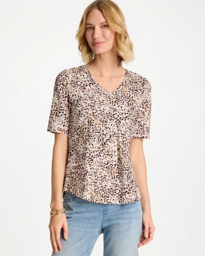 Chicos Printed Cotton Slub V-Neck Tee - CATTAIL BROWN