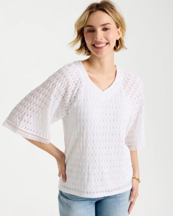 Chicos Crinkle Lace Knit Raglan Tee - ALABASTER