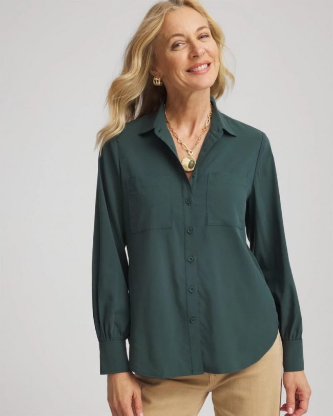 Chicos Classic-Fit Collared Shirt - DARKEST SPRUCE