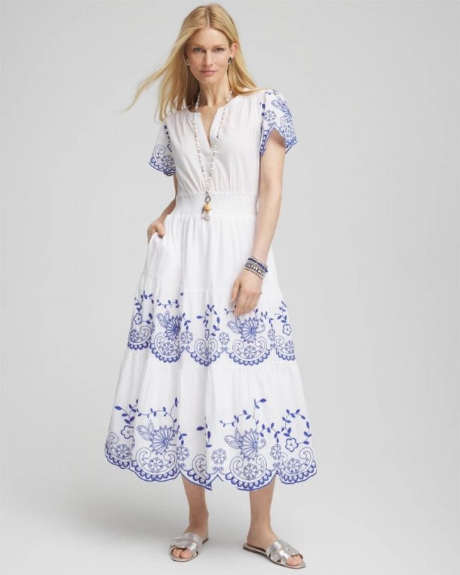 Chicos Embroidered Smocked Waist Dress - ALABASTER
