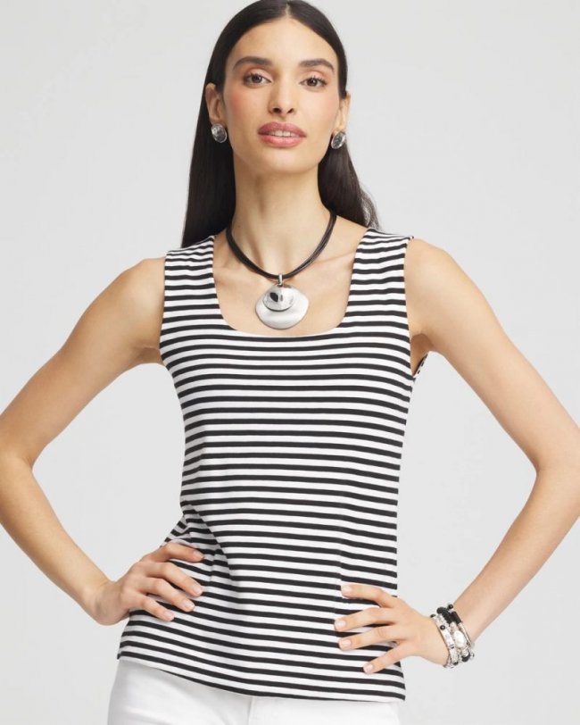 Chicos Contour Cotton™ Striped Square-Neck Tank - BLACK