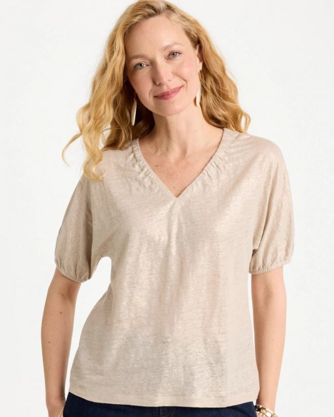 Chicos Fog Foiled Linen Ruched V-Neck Tee - SMOKEY TAUPE