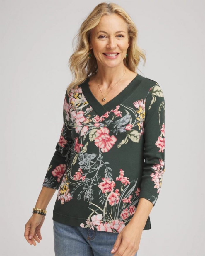 Chicos Pima 3/4 Sleeve Tee - DARKEST SPRUCE