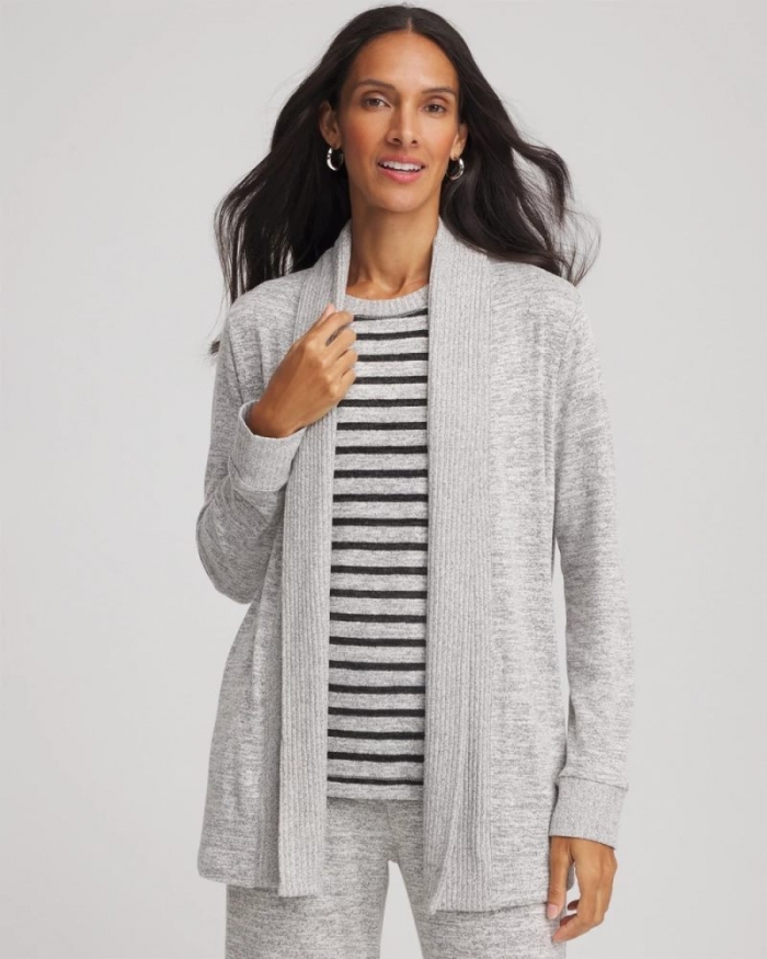 Chicos Zenergy® Rib-Trim Long Cardigan - SALT AND PEPPER