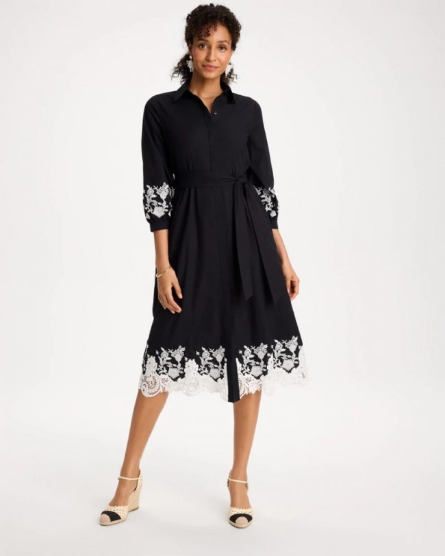 Chicos Cotton Lace Trim Shirtdress - BLACK