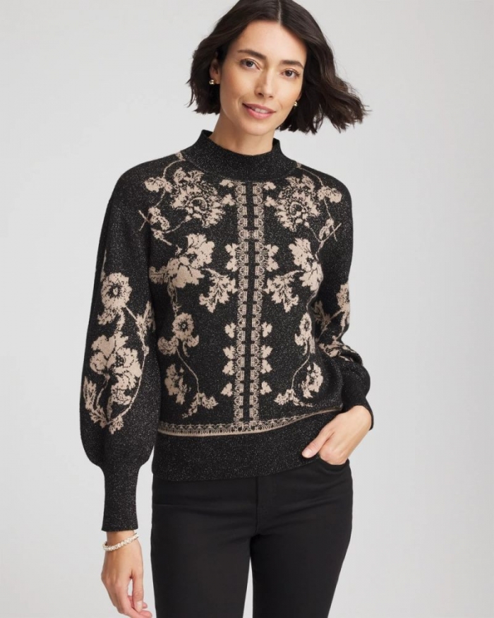 Chicos Bryne Jacquard Mockneck Pullover - BLACK
