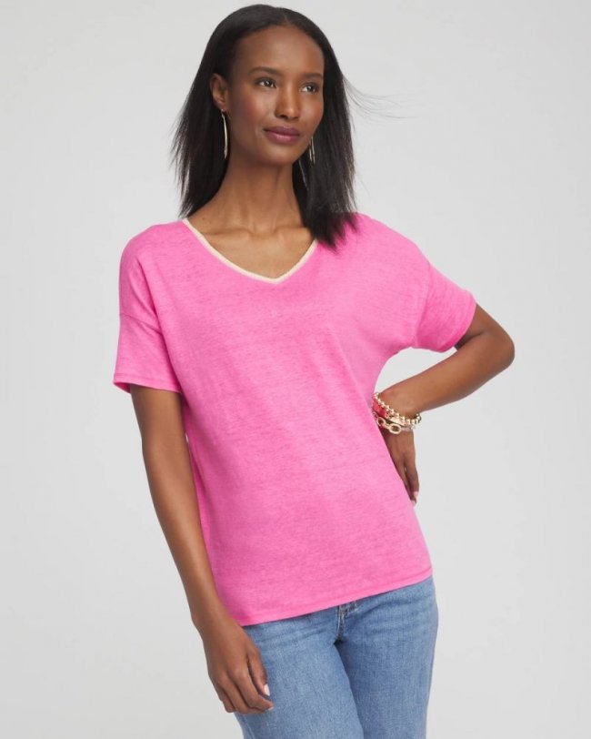 Chicos Sweater Trim Linen Tee - DELIGHTFUL PINK