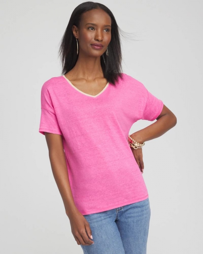 Chicos Sweater Trim Linen Tee - DELIGHTFUL PINK