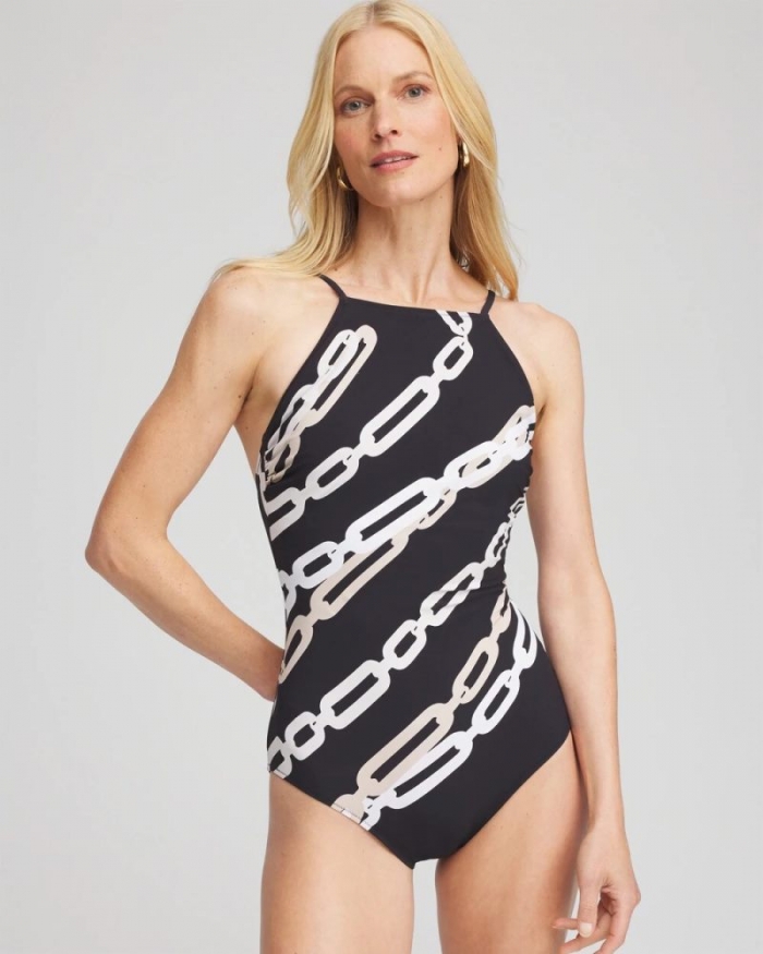Chicos Gottex High Neck Halter Top Swimsuit - BLACK/NATURAL CREAM