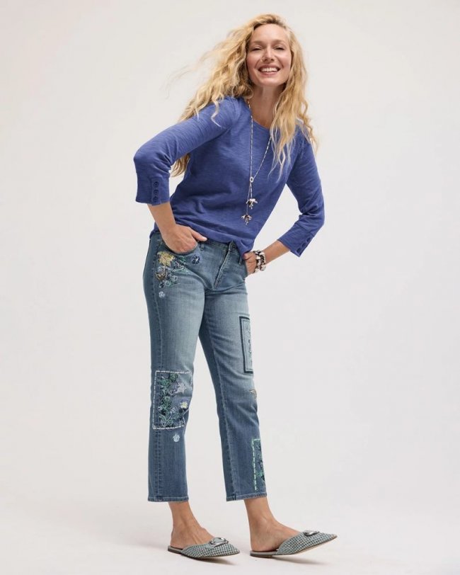 Chicos Floral Patchwork Girlfriend Crop Jeans - AQUAMARINE INDIGO