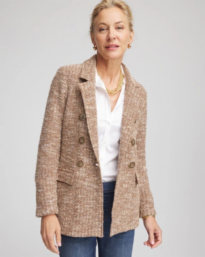 Chicos Tweed Double-Breasted Blazer - CAFE AROMA