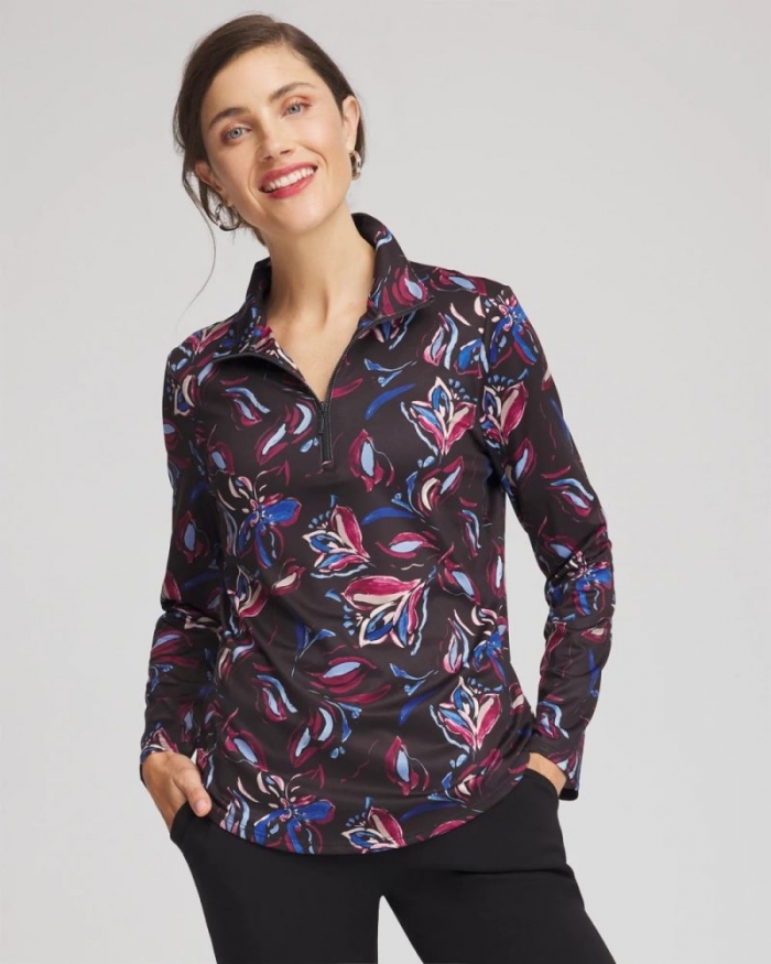 Chicos Zenergy® UPF Floral Half-Zip Pullover Top - DEEP CHIANTI