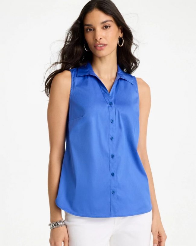Chicos Cotton-Blend Classic Sleeveless Shirt - AMPARO BLUE