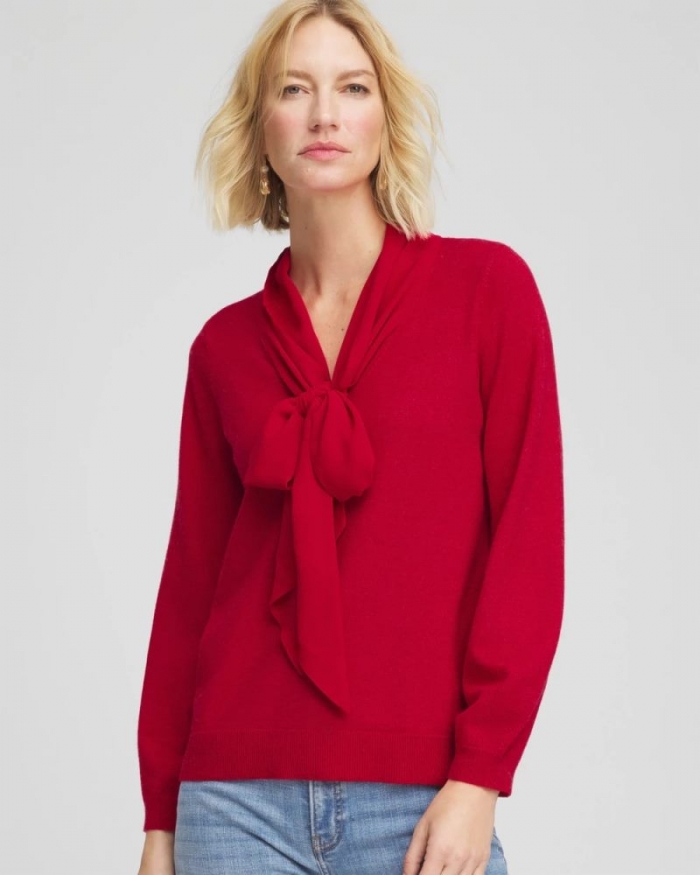Chicos Bow-Detailed Sweater - CARMINE RED